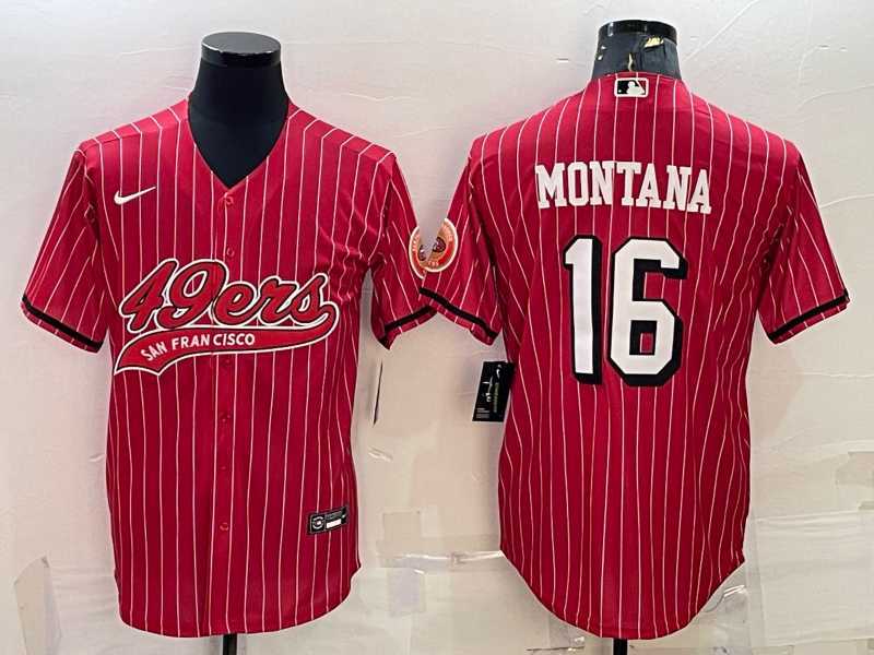 Mens San Francisco 49ers #16 Joe Montana Red Pinstripe Color Rush With Patch Cool Base Stitched Baseball Jersey